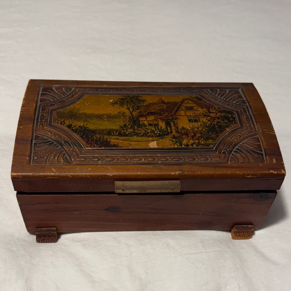 Vintage Carved Wooden Trinket Box Cottage Litho Hinged Lid